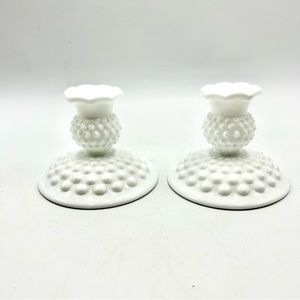 Fenton Hobnail White Milk Glass Candle Stick Holders, Vintage Glassware